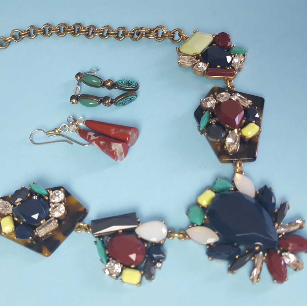 J. Crew Dark Multicolor Necklace + 3  Prs Earrings